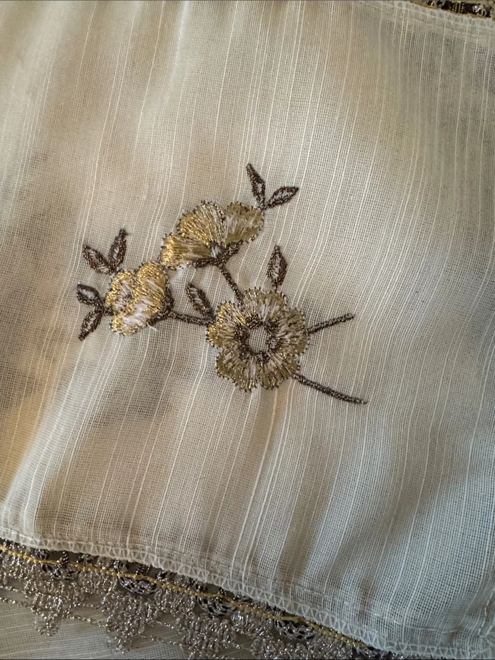 Vintage Embroidered Cream Table Runner with Gold Floral Trim and 2 Table Topper